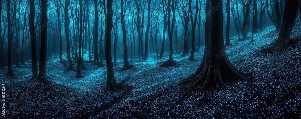 Poster glow forest idea. a mystical forest scene with dark trees and a hint of blue light illuminating the 