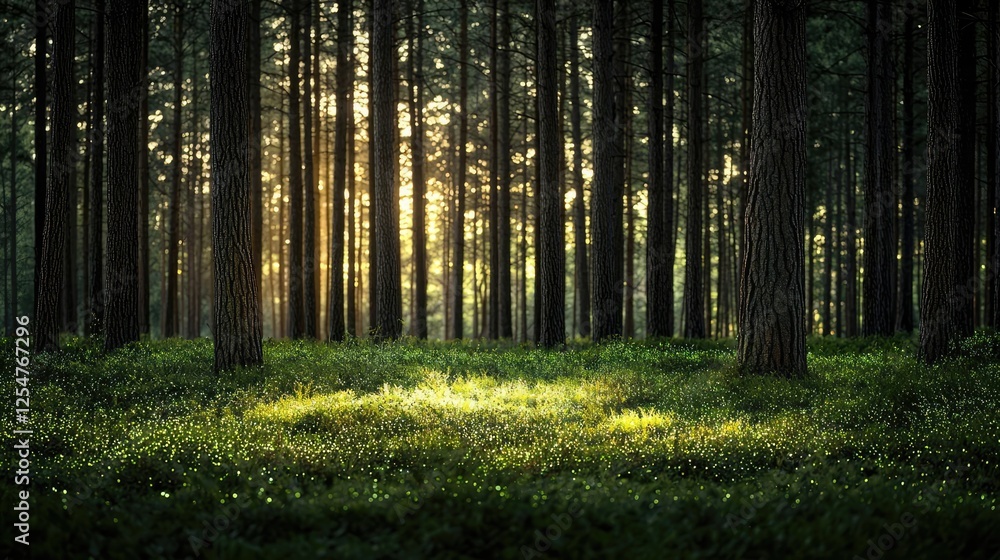 Poster glow forest idea. a serene forest scene with sun rays filtering through tall trees and lush green un
