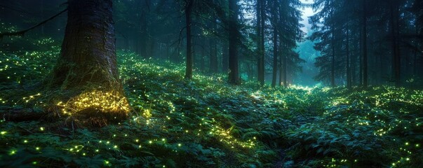 Obraz premium Glow forest idea. A magical forest illuminated by glowing plants, creating an enchanting night scene.