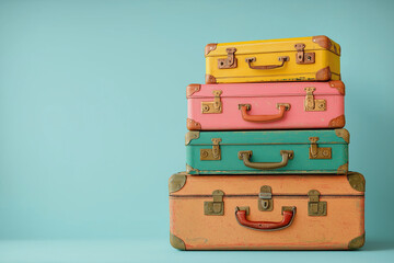 Colorful vintage suitcases stacked on a light blue background with copy space.