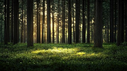 Obraz premium Glow forest idea. A serene forest scene with sun rays filtering through tall trees and lush green undergrowth.