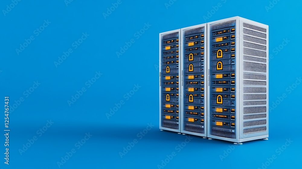 Aufkleber modern server rack with data security locks on a vibrant blue background for technology and it theme