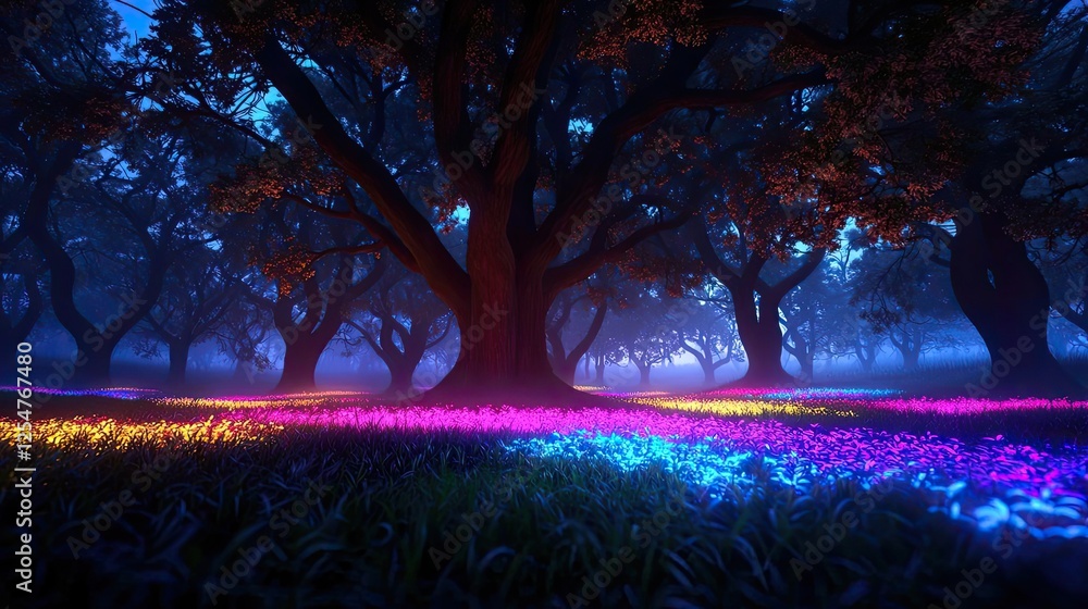 Poster glow forest concept. a mystical forest illuminated by colorful lights and dense trees at twilight.