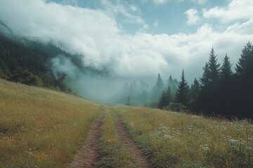 Misty mountain path winds through grassy field, leading to a forest shrouded in fog. Perfect for travel, nature, and serenity themes, evokes peace and adventure.
