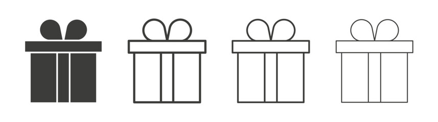 Gift icons set. Liner outlined and flat black color