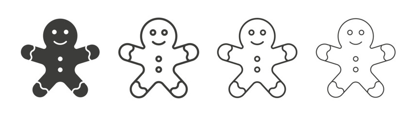 Gingerbread man icons set. Liner outlined and flat black color