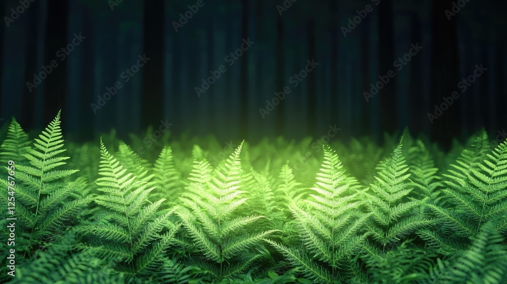 Poster glow forest idea. lush green ferns illuminated in a dark forest, creating a serene and calming atmos
