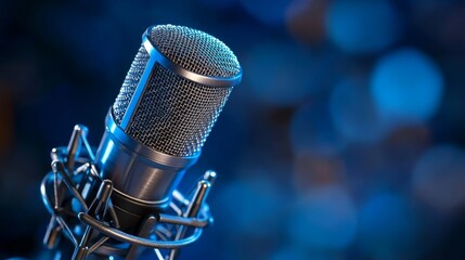 Professional microphone with blue bokeh background for audio production and music recording