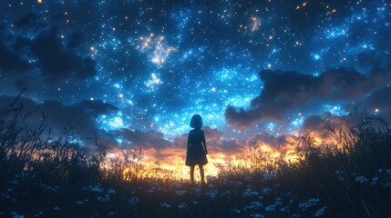Fototapeta premium A child gazing at a night sky filled with stars and clouds, evoking wonder and imagination.