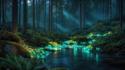 Glow forest concept. A serene forest scene illuminated by glowing flora near a tranquil stream.