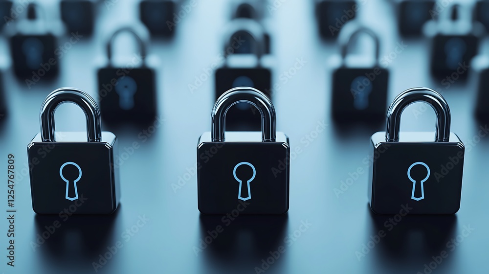 Poster multiple security locks on a dark surface with keyhole symbol representing safety and protection con