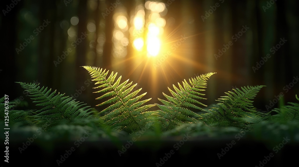 Poster glow forest idea. sunlight filters through trees, illuminating vibrant ferns in a serene forest sett