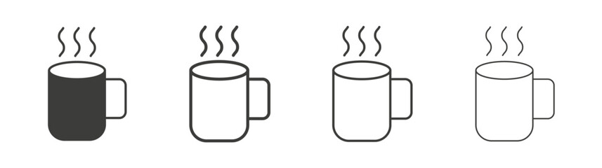 Hot coffee Mug icons set. Liner outlined and flat black color