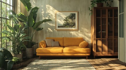 A cozy living room featuring a yellow sofa and lush indoor plants.