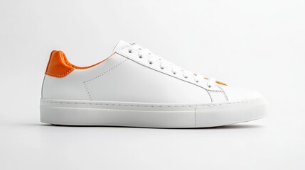 A stylish white sneaker featuring an orange accent, perfect for casual wear and providing comfort and versatility for everyday outfits.