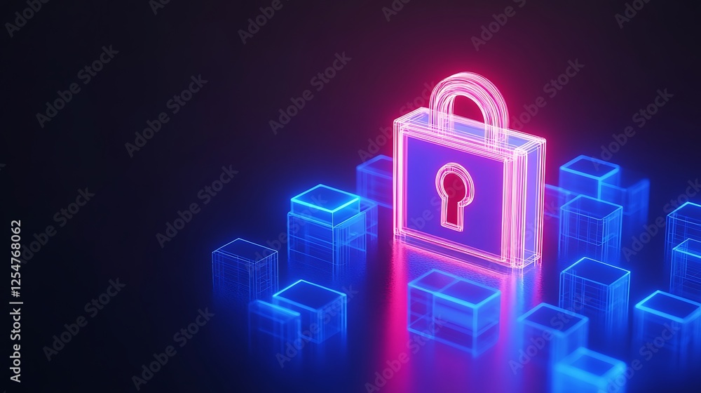 Aufkleber neon glow digital lock with keyhole surrounded by geometric blocks in a futuristic cyber environment