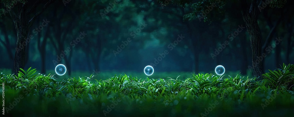 Poster glow forest idea. lush green forest with gentle light filtering through the trees and ferns.