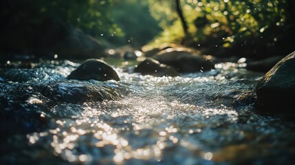 Sunlit stream flows over rocks in forest; nature background