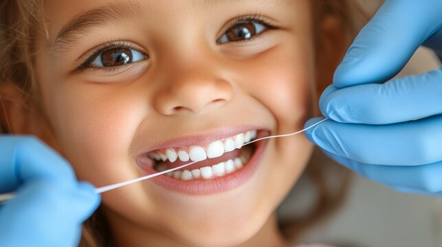 Caucasian young girl smiling during dental checkup with flossing procedure