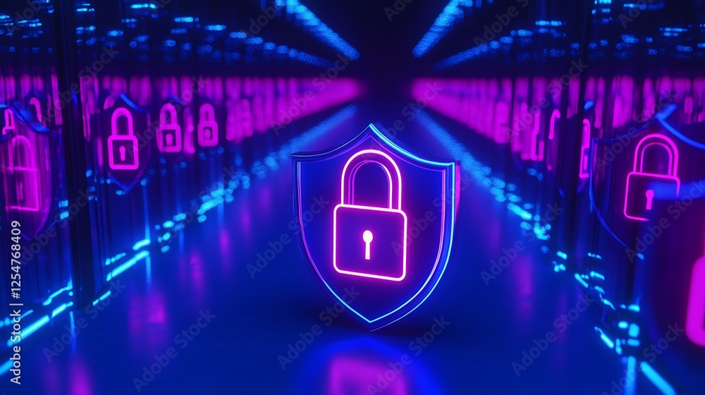Poster neon lock icon with shield in a futuristic digital environment representing cybersecurity and data p