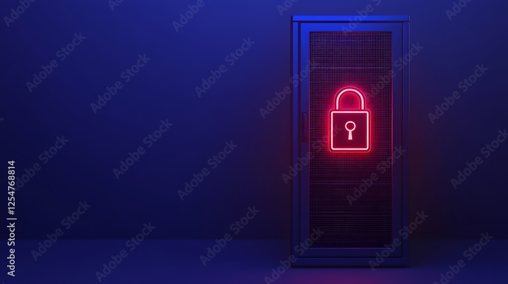 Poster neon lock symbol on secure cabinet with modern blue background for technology and security concepts