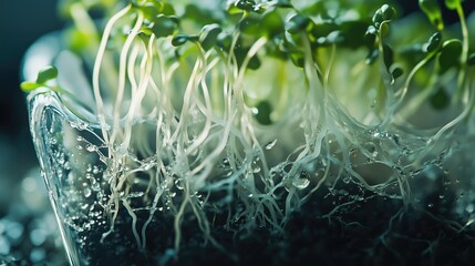 Vibrant green seedlings with intricate roots in moist soil
