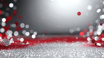 Abstract red and silver glitter background with bokeh lights, perfect for festive and celebratory designs.