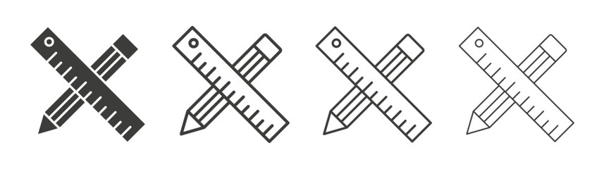 Pencil and ruler icons set. Liner outlined and flat black color