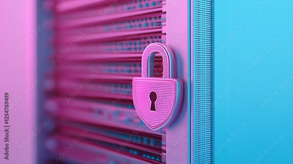 Poster pink and blue digital lock on server rack representing cybersecurity and data protection concepts