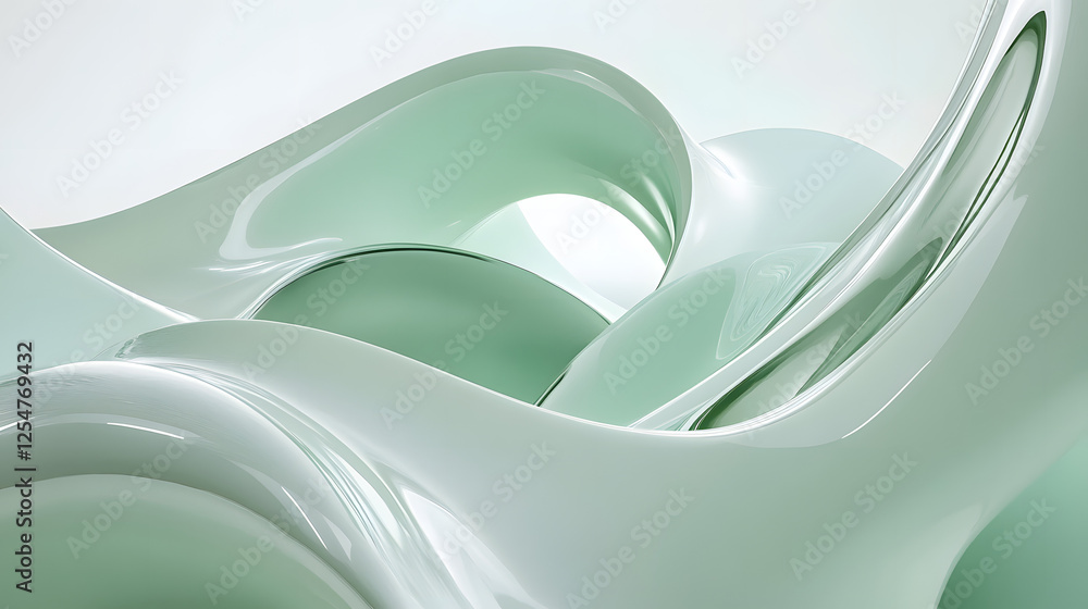 Poster abstract design with white and green colors featuring soft shapes and a serene composition for artis