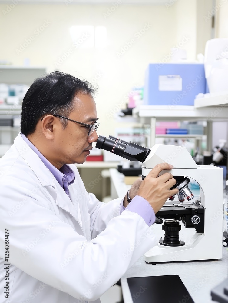 Poster scientist examining samples under a microscope in a modern laboratory setting with equipment around