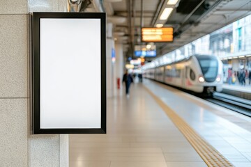 Blank advertising screen in modern train station with passing train