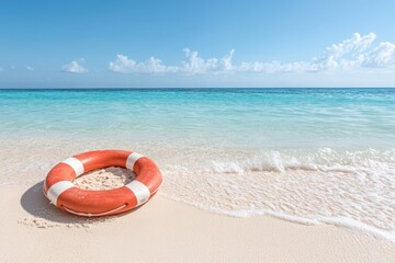 Obraz premium Orange lifebuoy on tropical beach with turquoise ocean and clear blue sky