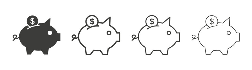Piggy bank icons set. Liner outlined and flat black color