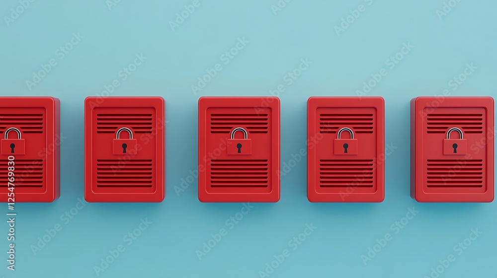 Poster red secure lockers arranged neatly against blue background for storage and security conceptual theme