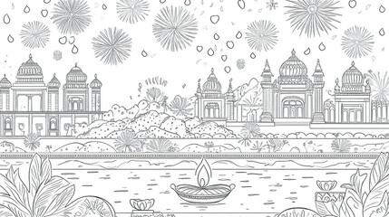 Obraz premium Intricate Diwali Festival Coloring Page with Fireworks