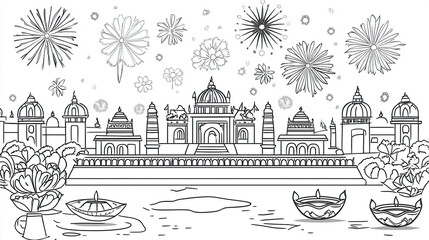 Obraz premium Diwali Festival Coloring Page with Fireworks and Temples