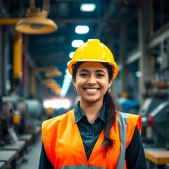 Una mujer que trabaja en una f&aacute;brica con un casco y una sonrisa brillante.