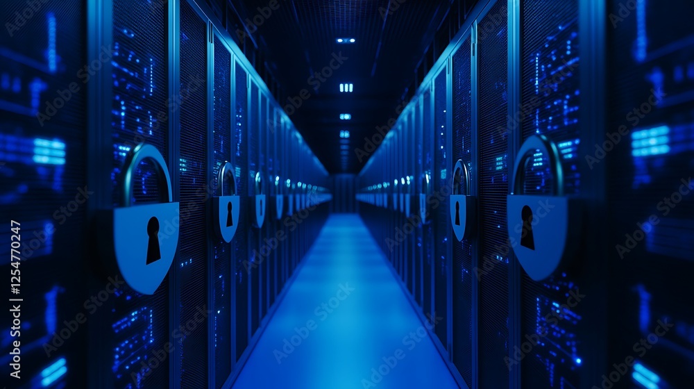 Poster secure data center corridor with locked server racks and advanced technology atmosphere