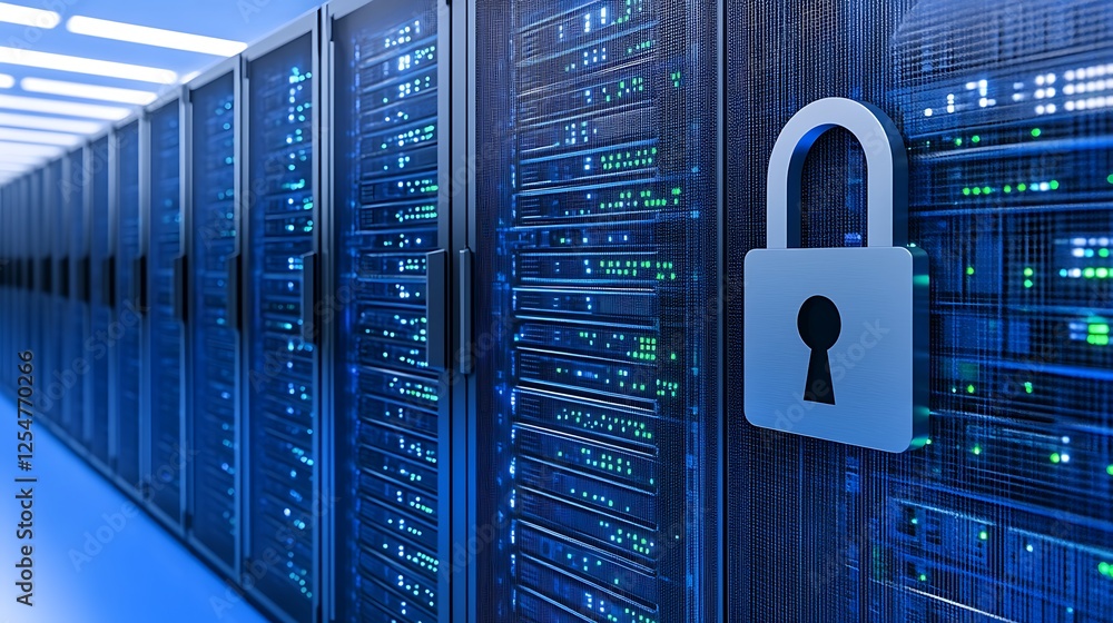 Poster secure data center environment with lock icon and high-tech server racks illuminated by blue light