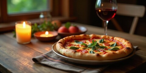 Aromatic pizza with melted cheese, fresh basil, and a glass of red wine on a rustic wooden table, illuminated by candlelight creating a cozy ambiance.