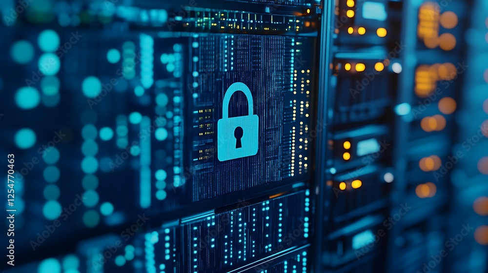 Poster secure data center with lock icon representing cybersecurity and data protection technology concept
