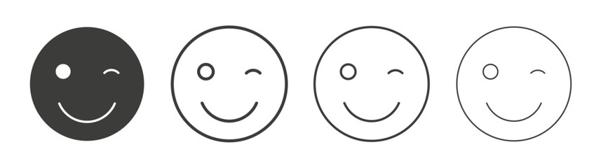 Smile wink icons set. Liner outlined and flat black color