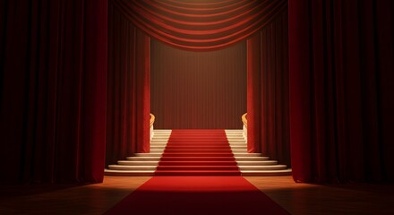 Fototapeta premium Red Carpet Leading to Stage with Velvet Curtains and Soft Lighting