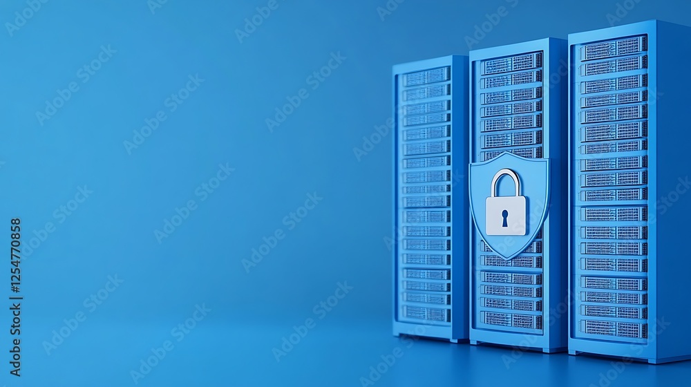 Poster secure data protection in server room with blue background and shield symbol for digital security co