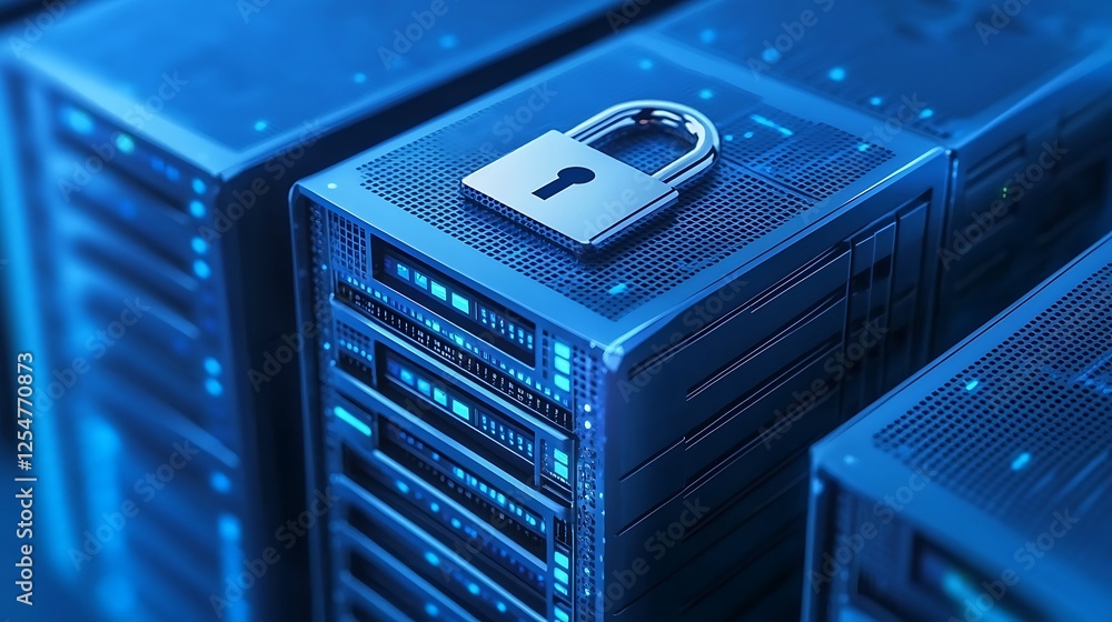 Poster secure data server with padlock symbolizing protection and privacy in digital technology context