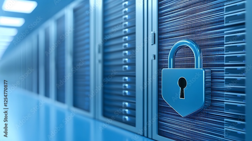 Poster secure data server room with digital lock and cybersecurity concept for technology and data protecti