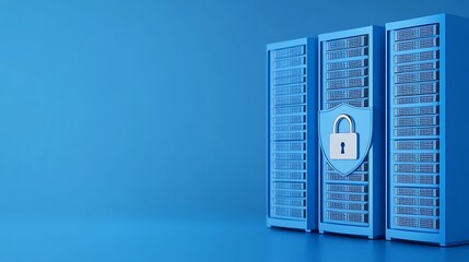 Secure Data Protection in Server Room with Blue Background and Shield Symbol for Digital Security Concepts