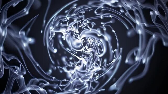 Monochromatic particle simulation in infinite darkness. Silvery-white mist forms hypnotic spiral patterns, creating depth and mystery through ethereal movement and atmospheric diffusion.