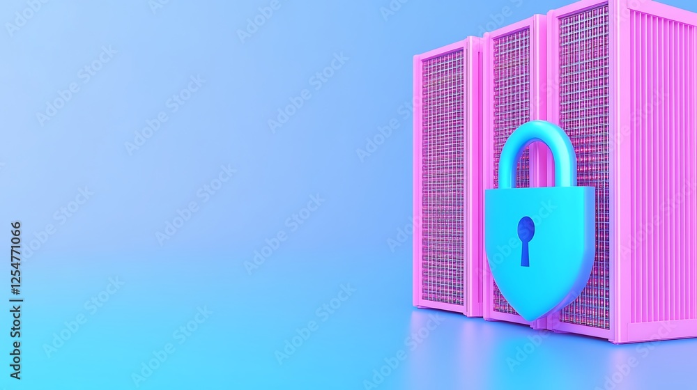 Poster secure data storage concept with colorful lock and server racks in a minimalistic background design